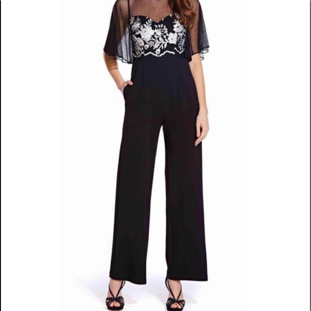 Adrianna Papell Flared Sleeve Embroidered Mesh Jumpsuit Size 4